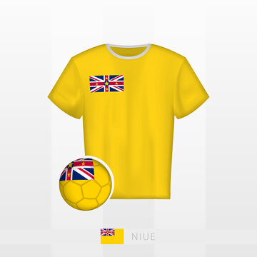 Football uniform of national team of Niue with football ball with flag of Niue. Soccer jersey and soccerball with flag.