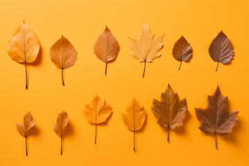 Colorful autumn set of leaves arranged on a bright orange background