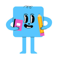 Geometric Figures with face. School character with book and pencil. Cute funny character. Doodle character on white isometric background. Vector illustration
