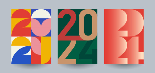 New 2024 Year posters set. Geometric logo 2024 for branding, banner, cover, invitation card.