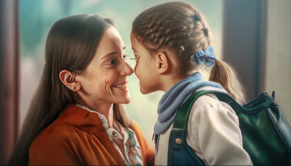 Naklejka premium A woman greetings her daughter on the first day of elementary school - Generative AI