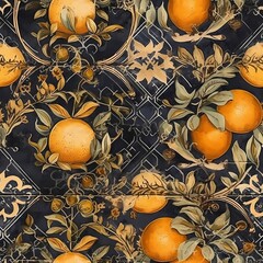 Seamless vintage pattern with lemons, oranges. Sicilian vintage style tiles. Bright illustration of lemon branches drawn. Italy summer garden. Design for fabric, tablecloth, paper, print