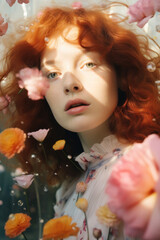 portrait of a woman/model/book character surrounded by red flowers in warm daylight with a thoughtful expression in a fashion/beauty editorial magazine style film photography look - generative ai art