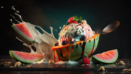 Delicious Ice Cream with Watermelon flavor, fresh ingredients - Generative AI