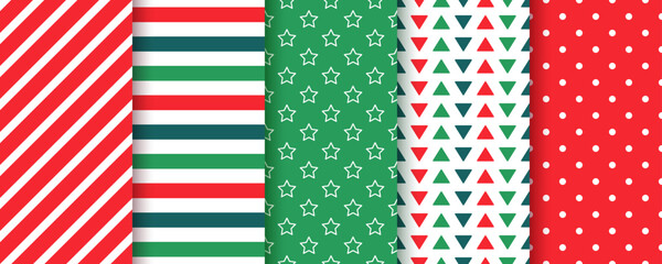 Christmas seamless pattern. Xmas holiday background. New year prints with polka dot, candy cane, stripes, stars and triangles. Set Noel textures Red green wrapping papers. Vector illustration
