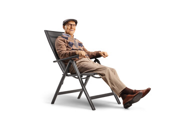 Elderly man resting in a foldable chair