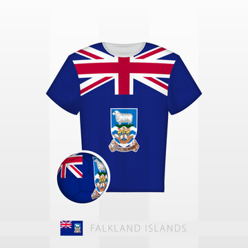 Football uniform of national team of Falkland Islands with football ball with flag of Falkland Islands. Soccer jersey and soccerball with flag.
