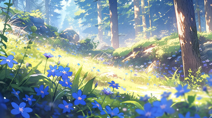 Forest nature landscape blue sky wallpaper in anime style