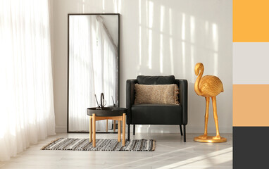 Stylish interior of light room with armchair, table, big mirror and golden flamingo. Different color patterns