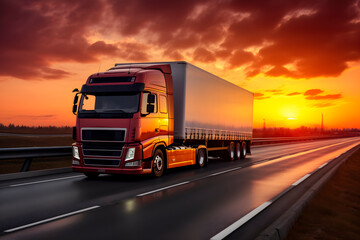 Truck driving on the highway at sunset. AI Generative.