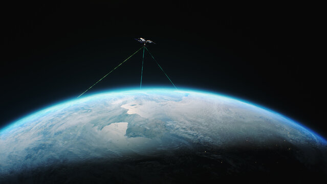 3D abstract render of satellite transmitting data or signal by laser to Earth planet. Transfer 5G web communications, global network connection. Concept of modern innovative space technologies.