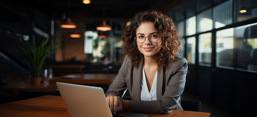 woman working on laptop in cafe.  Image generative AI.