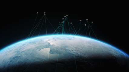 3D abstract animation of satellites transmitting data or signal by laser to Earth planet. Transfer 5G web communications, global internet connection. Concept of modern innovative space technologies.
