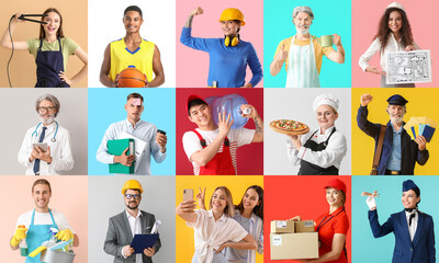 Group of people of different professions on color background