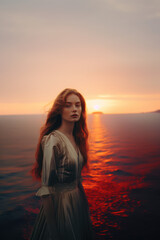 Fototapeta premium illustration of a woman/book character in formal clothes overlooking the coastline during sunset looking lost/sad/thoughtful reminding of Scottish landscapes