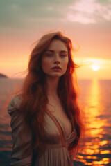 Fototapeta premium illustration of a woman/book character in formal clothes overlooking the coastline during sunset looking lost/sad/thoughtful reminding of Scottish landscapes