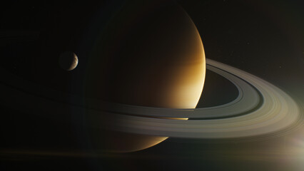 Realistic 3D graphics of sunlit Saturn and its moon Mimas, Dione or Titan in dark outer space. Mysterious Saturn rings. Stars and galaxies on background. Solar system planet. Universe exploration.