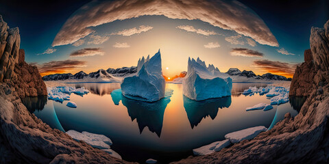 Arctic nature landscape with icebergs in Greenland ice - Generative AI - obrazy, fototapety, plakaty