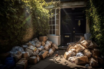  Photographic Capture of a Chaotic Hill of Packages in Front of a Colorful Door on an English-Style Street, Surrounded by Trees, Bathed in Summer's Sunny Light
