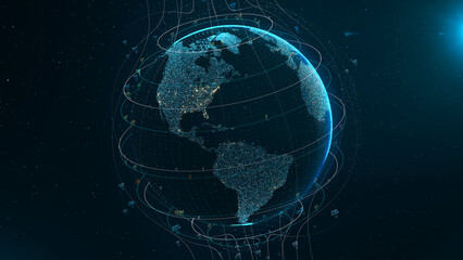 Digital grid and lines over rotating 3D big data Earth globe. Worldwide 5G communications signal transfer. Global internet network connection. Modern technologies and digitalization concept.