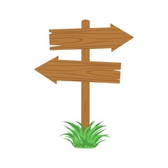 Vector wooden sign two arrows in flat style. Old cartoon arrows signboard on road for pointing direction isolated on white background. Empty arrow sign board in stuck in grassy ground. Vector