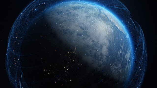 3D Render digital sphere over the Earth globe. 3D computer graphics of abstract worldwide transmission of 5G communication signal, global network connection. Concept of innovative space technologies.