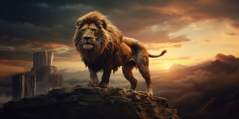 The big lion on the rock. Generative AI - obrazy, fototapety, plakaty