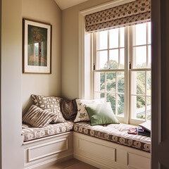 Window seat, interior design and comfort at home, reading nook with cushions and decor in a country house, English cottage style, generative ai - obrazy, fototapety, plakaty