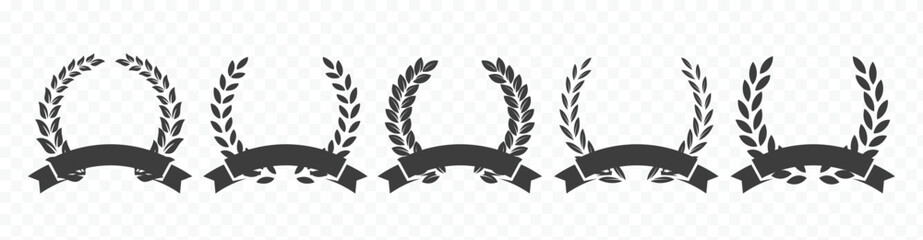 Vector black laurels set. Foliate laurels branches with ribbons. Laurel wreath silhouette. Trophy crest. Greek olive branch award, winner round emblem © Angela Ksen
