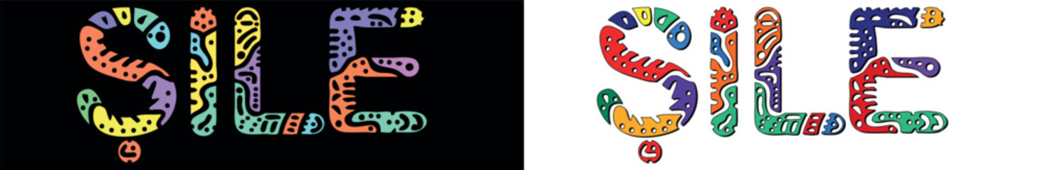 SILE. Multicolored bright isolate curves doodle letters. Place in Turkey SILE for print, Turkish travel booklet, banner, flyer. Stock vector.