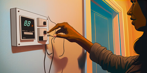 A woman setting up a home automation sensor at the wall - Generative AI