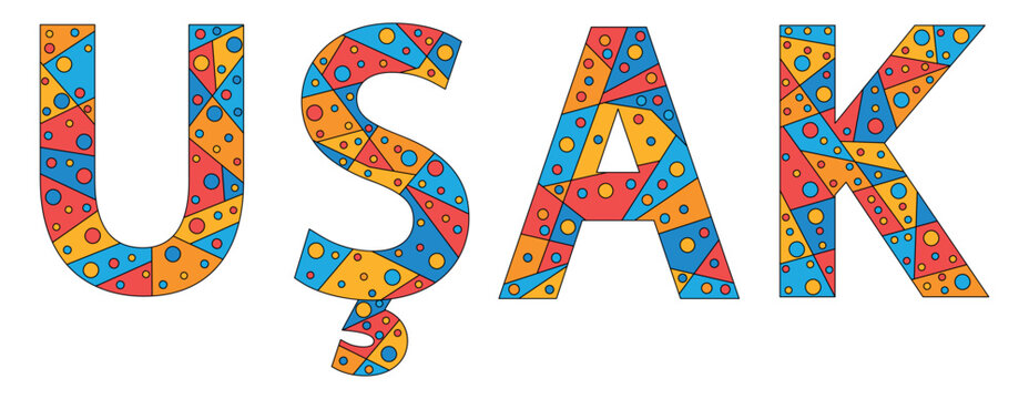 USAK. Mosaic isolated text. Letters from pieces of triangles, polygons and bubbles. Place in Turkey USAK for print, clothing, Turkish t-shirt, poster, banner, flyer.