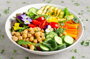 Vegan Buddha Bowl with Chickpeas, Avocado and Fresh Vegetables, Healthy Eating, Vegetarian Meal