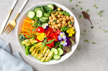Vegan Buddha Bowl with Chickpeas, Avocado and Fresh Vegetables, Healthy Eating, Vegetarian Meal