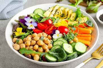 Vegan Buddha Bowl with Chickpeas, Avocado and Fresh Vegetables, Healthy Eating, Vegetarian Meal