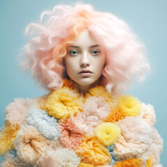 Naklejka premium Love, beautiful female portrait in pastel, fresh, spring, flowers, retro, vintage spring costume. Pastel soft blue background. Generative AI.
