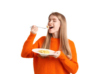 Young woman eating tasty pasta on white background