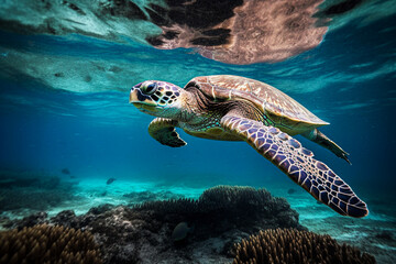 Fototapeta premium Hawaiian Green Sea Turtle (Eretmochelys imbricata) swimming underwater in the Red Sea. selective focus.