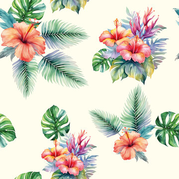 Watercolor pattern with exotic flowers. Seamless realistic vector botanical pattern. Watercolor tropical background. 