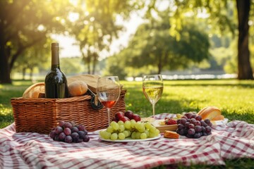 The concept of a picnic in the park with wine, fruits and bakery products.
