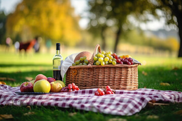 Romantic picnic in the park with wine, fruits and berries in a wicker basket on a checkered tablecloth.