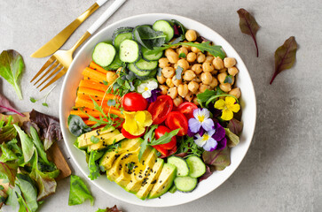 Vegan Buddha Bowl with Chickpeas, Avocado and Fresh Vegetables, Healthy Eating, Vegetarian Meal