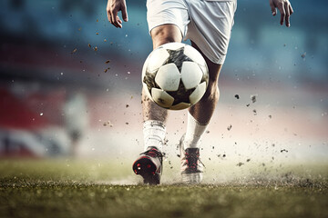 Close-up illustration of the leg of a football player hitting the ball with flying mud and grass.