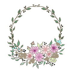 Watercolor flower round frame. Floral wreath. Meadow flowers circle border. Simple drawing flawers for wedding invitation, poster, background banner