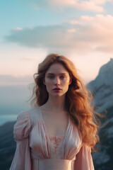 Fototapeta premium illustration of a woman/book character in formal clothes overlooking the coastline looking lost/sad/thoughtful reminding of Scottish landscapes