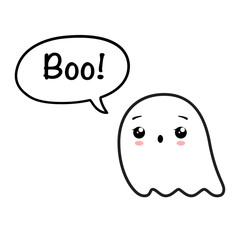 Cute friendly ghost and speech bubble with text for Halloween party - "Boo!". Illustration on transparent background