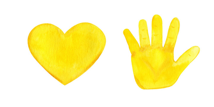 Watercolor yellow heart and children`s hand. Symbol of Childhood Cancer Awareness Month. Hand drawed watercolor illustration isolated on transparent.