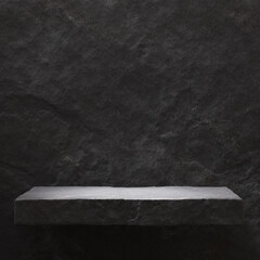 Stone shelf at black wall background. Stone podium for display product 