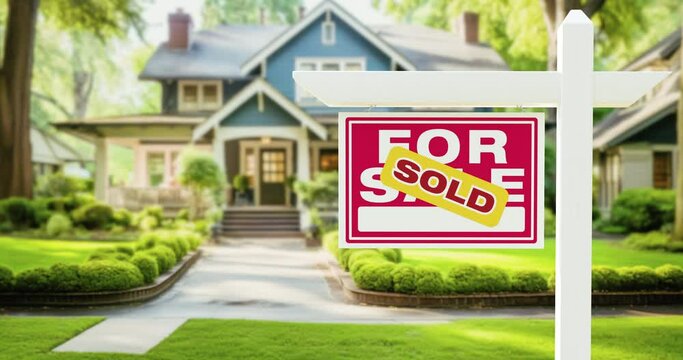 Pan and Zoom of Sold For Sale Real Estate Sign in Front of New House. Generative AI image used.