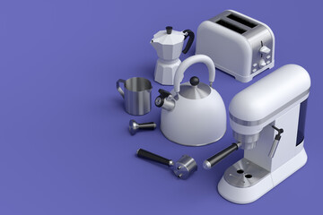 Kitchen appliances and utensils for making breakfast on violet background